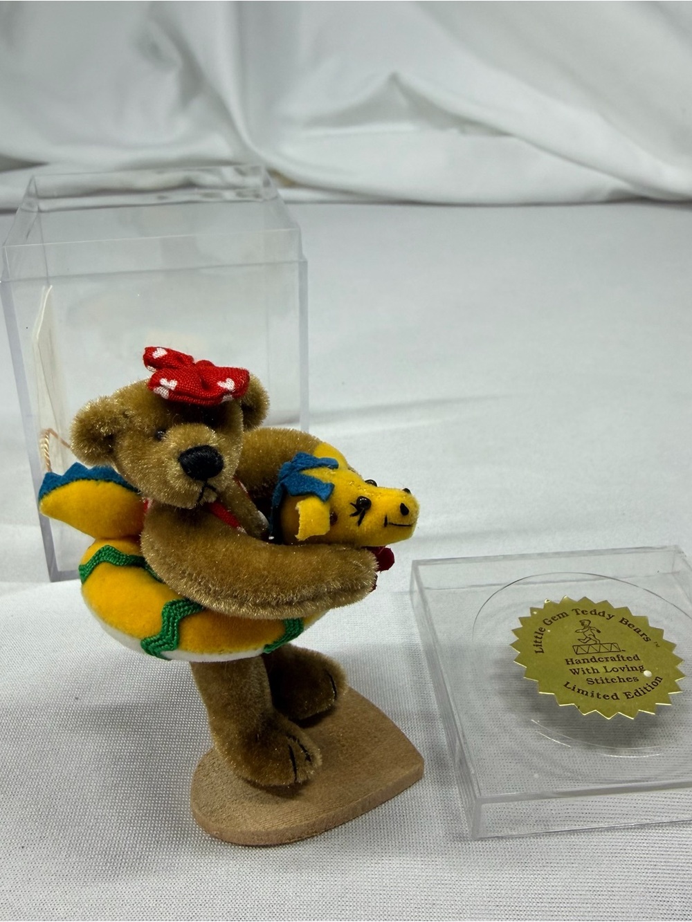 Vintage Little Gem Handcrafted Brown Teddy Bear with Yellow Duck Float Figurine